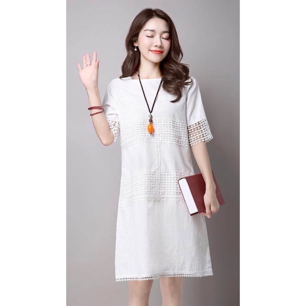 Chloe White Linen Lace Embroidered Short Sleeve A-line Knee Length Shift Dress